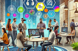 Eine Gruppe von Menschen testet moderne Technologien, wie VR-Brillen