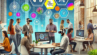 Eine Gruppe von Menschen testet moderne Technologien, wie VR-Brillen