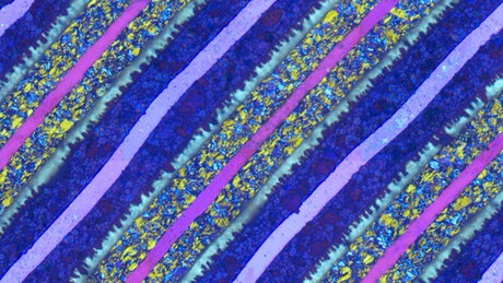 Auf dem Foto sieht man das Gefüge eines Metalls. Die die farbenfrohe Wunderwelt der mikroskopischen Strukturen wurden durch ein Hochleistungsmikroskop sichtbar gemacht. Die geometrische Anordnung in blauen, violetten und grünlichen Streifen sieht fast wie ein Kunstwerk aus.