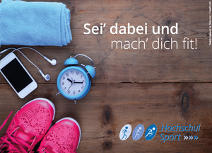 Werbebild: Text: Sei dabei und mach dich fit. Es sind Schuhe, ein Handy und ein Wecker sichtbar